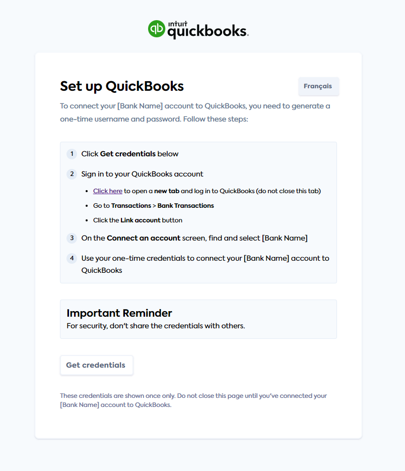 The Set up QuickBooks page that allows your SMB user to get their credentials. Image